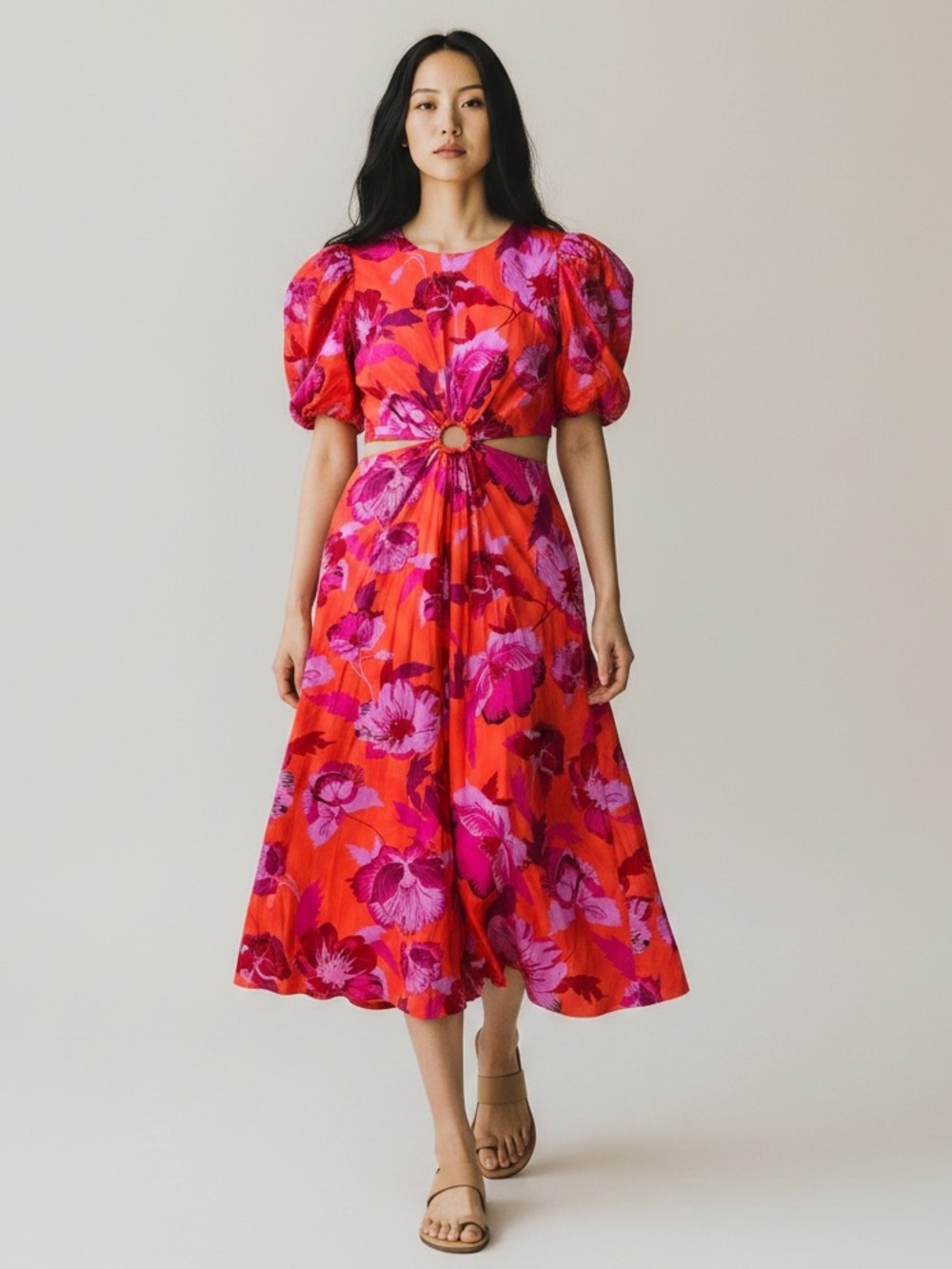 Scoop NYC Floral Puff Sleeve Midi Dress Pink Red Size Large